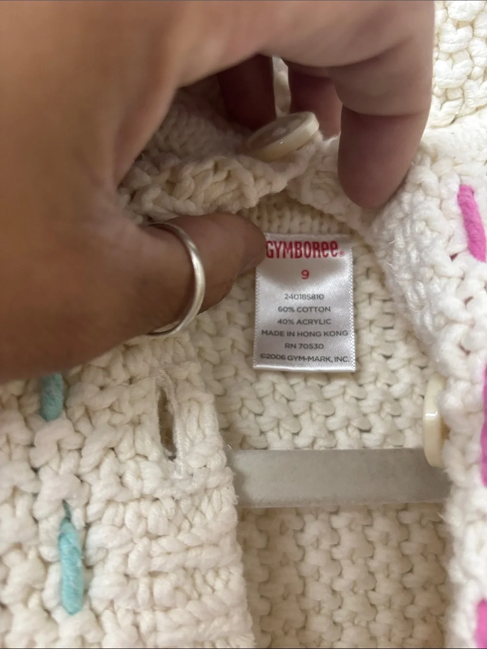 Gymboree Cream Hooded Knit Cardigan with Pink, Green, and Blue Stitching